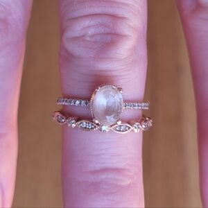 Rose Gold Oval Moonstone and Crystal Stackable Ring Set, Size 6